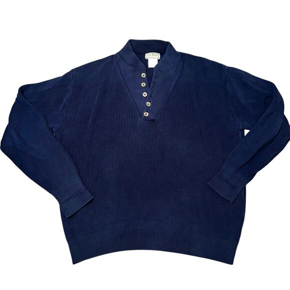 Vintage L.L Bean Heavy Knit Sweater Men sz Large Blue Henley fisherman USA 90s - Picture 1 of 4